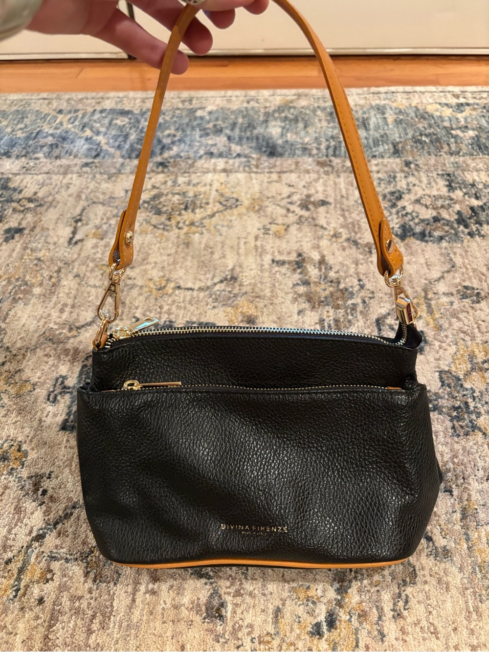 Divina Firenze Black Pebbled Leather Shoulder Bag with Tan Strap Gold Hardware